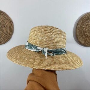 Gigi Pip Cream Beige Boho Green Ribbon 100% Straw Hat OS One Size Vacation Beach